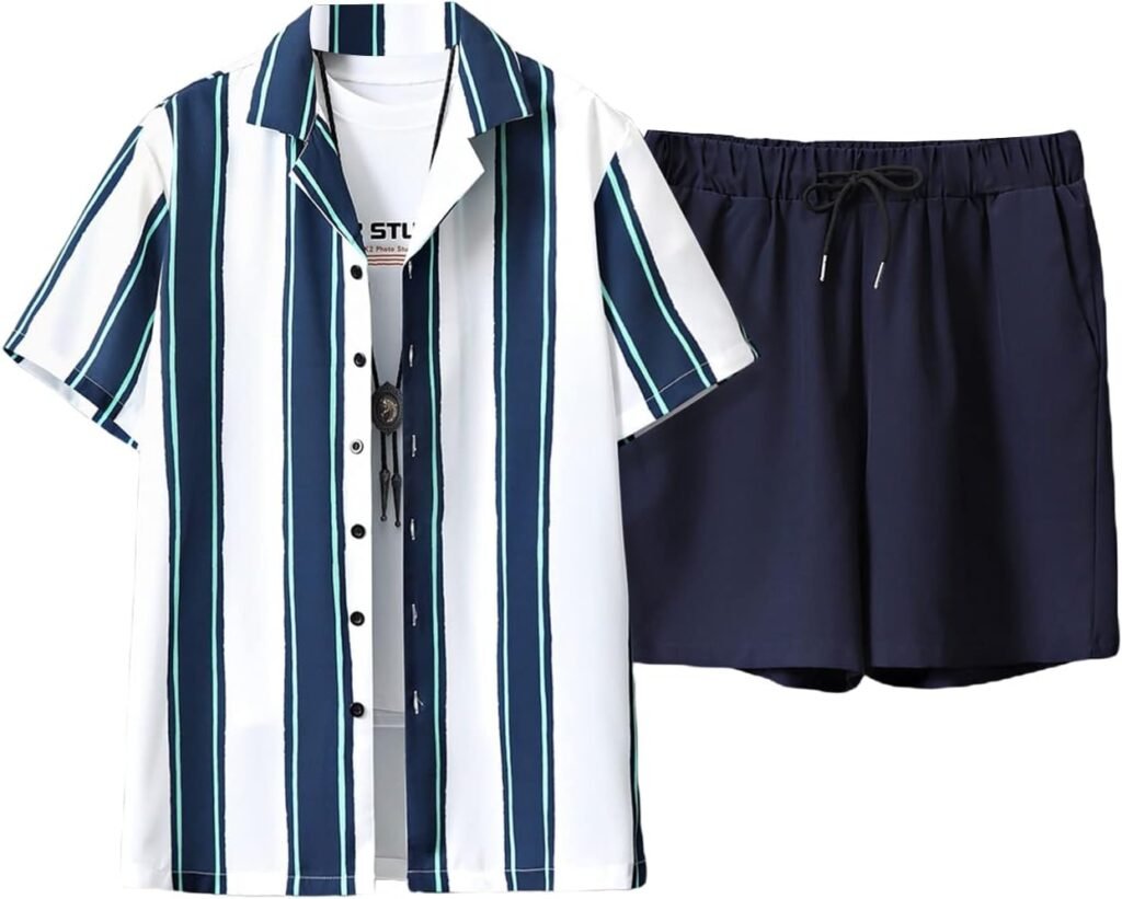 Floerns Mens 2 Piece Outfit Short Sleeve Shirt Blouse and Drawstring Shorts Set