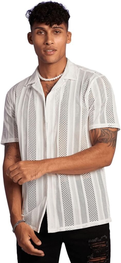 Floerns Mens Casual Button Down Pointelle Knit Short Sleeve Shirt Blouse Top