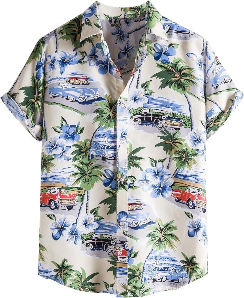 Floerns Mens Casual Tropical Print Button Down Short Sleeve Hawaiian Shirt