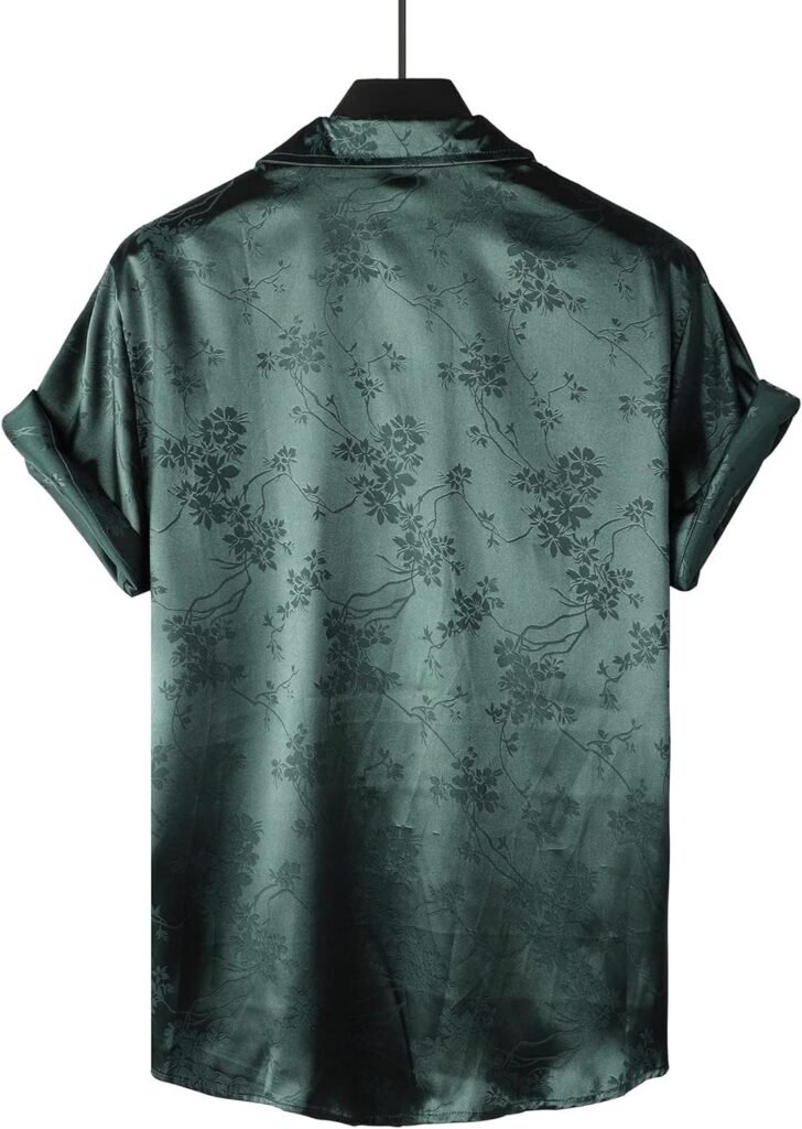 Floerns Mens Floral Jacquard Short Sleeve Button Front Satin Shirt Blouse Top