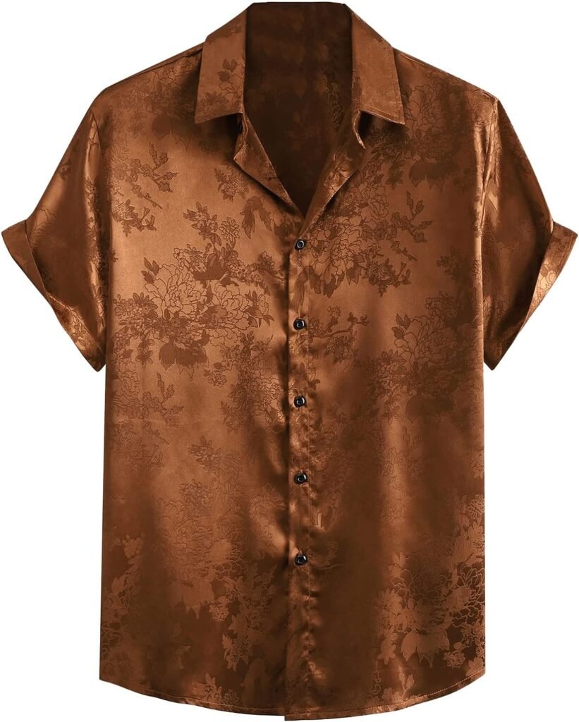 Floerns Mens Floral Jacquard Short Sleeve Button Front Satin Shirt Blouse Top