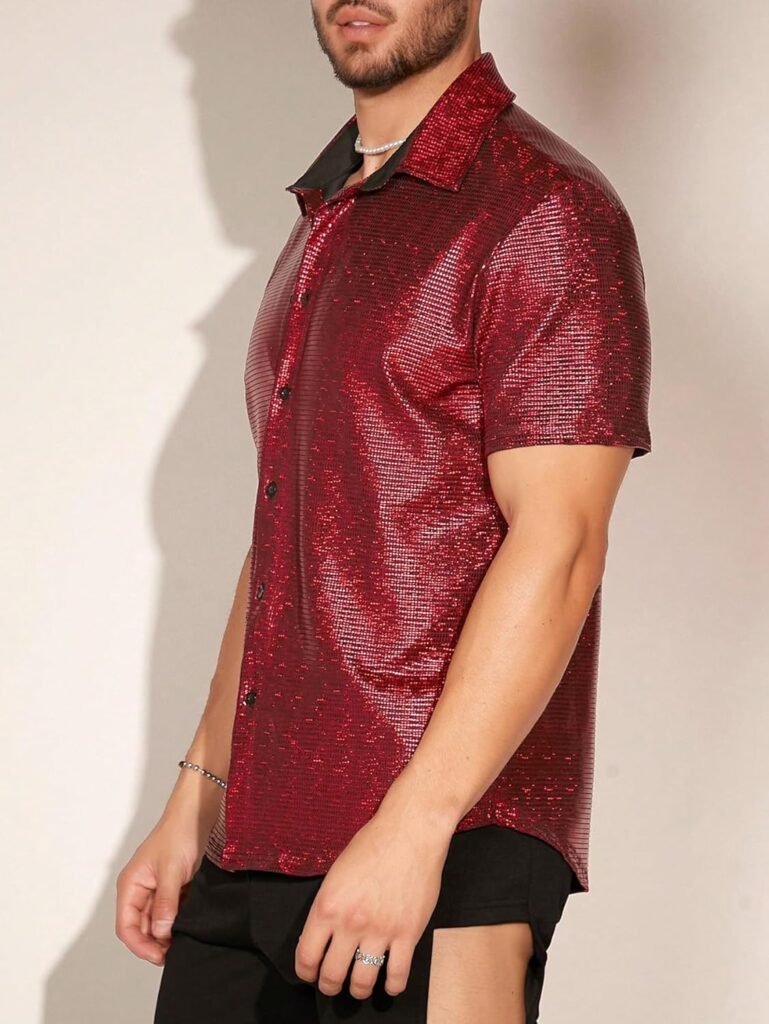 Floerns Mens Metallic Short Sleeve Button Front Lapel Collar Streetwear 70s Disco Party Sequin Shirt