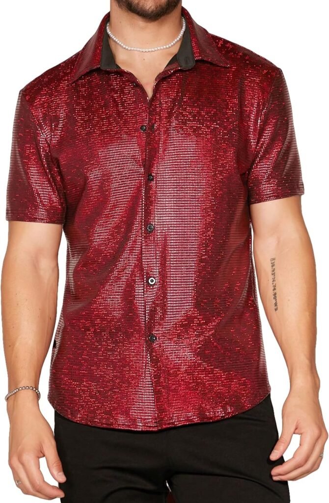 Floerns Mens Metallic Short Sleeve Button Front Lapel Collar Streetwear 70s Disco Party Sequin Shirt