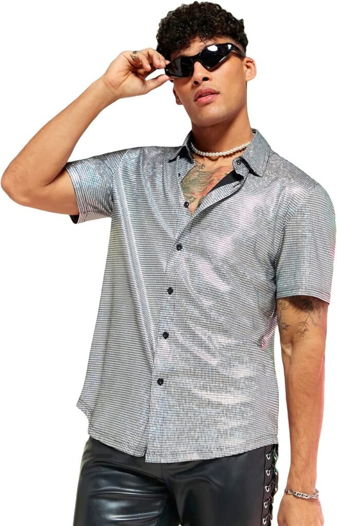 Floerns Mens Metallic Short Sleeve Button Front Lapel Collar Streetwear 70s Disco Party Sequin Shirt