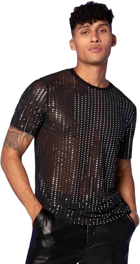 Floerns Mens Rhinestone Sheer Mesh Short Sleeve Clubwear Party Tee Shirt