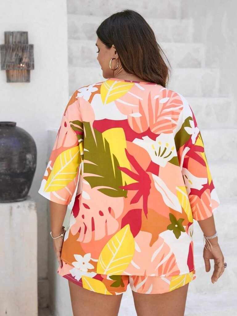 Floerns Womens Plus Size 2 Piece Outfit Tropical Print Kimono Top and Shorts Set