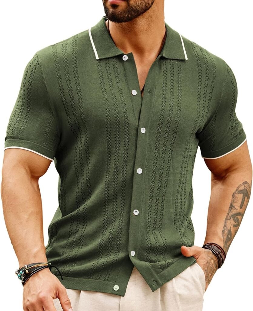 GRACE KARIN Mens Breathable Knit Polo Shirt Hollow Out Casual Button Down Shirts