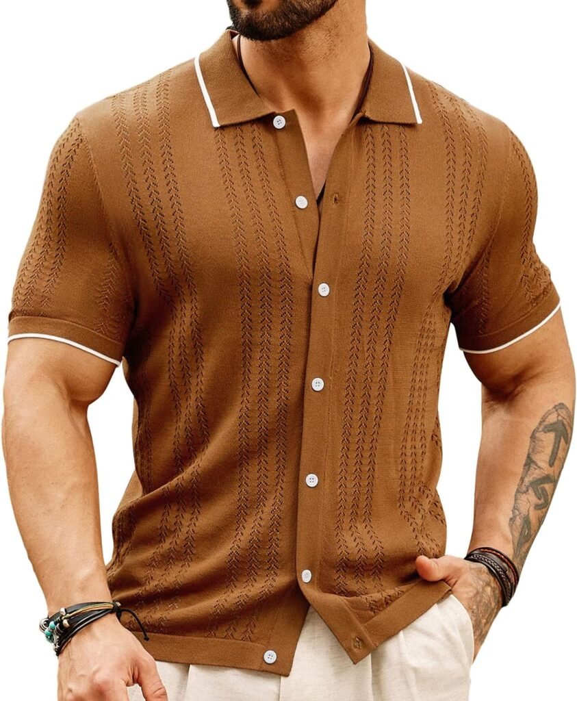 GRACE KARIN Mens Breathable Knit Polo Shirt Hollow Out Casual Button Down Shirts