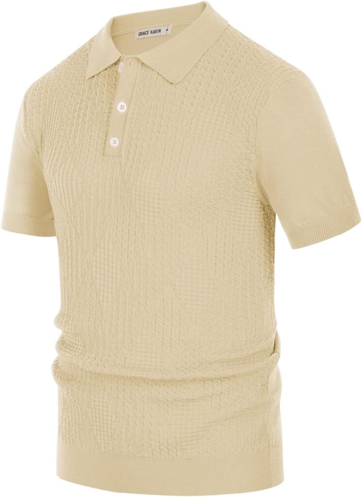 GRACE KARIN Mens Knit Polo Shirts Short Sleeve Texture Lightweight Golf Shirts Sweater