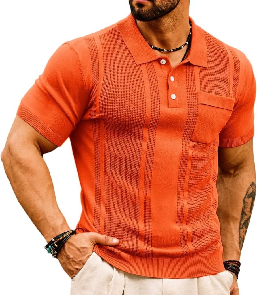 GRACE KARIN Mens Knit Polo Shirts Short Sleeve Texture Lightweight Golf Shirts Sweater