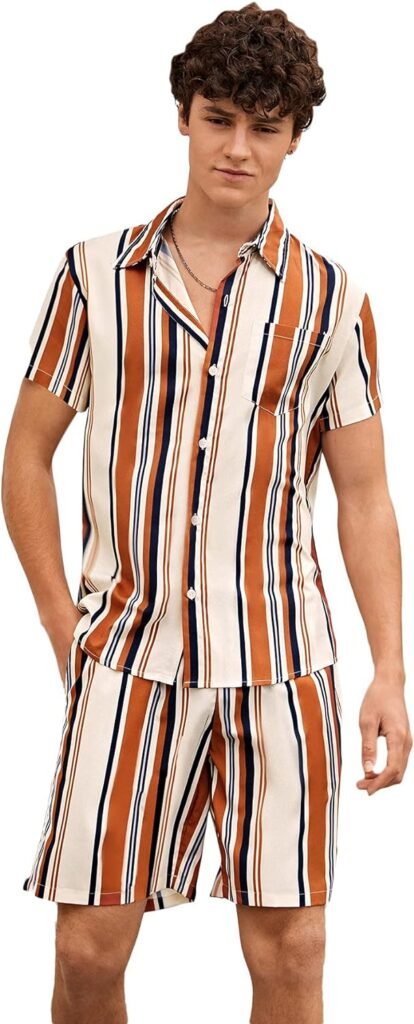 Milumia Mens 2PCS Outfit Colorblock Striped Button Down Collared Shirt and Shorts Set