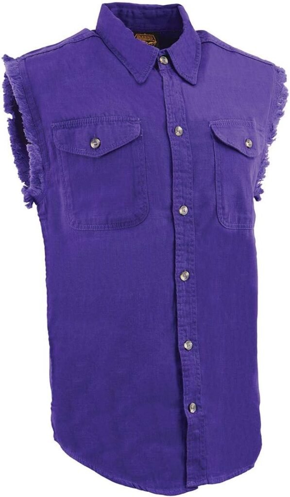 Milwaukee Leather DM1006 Mens Purple Lightweight Denim Shirt with Vintage and Frayed Sleeveless Look - Large