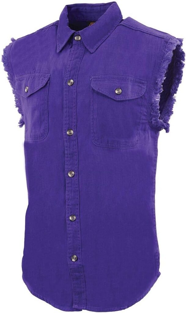 Milwaukee Leather DM1006 Mens Purple Lightweight Denim Shirt with Vintage and Frayed Sleeveless Look - Large