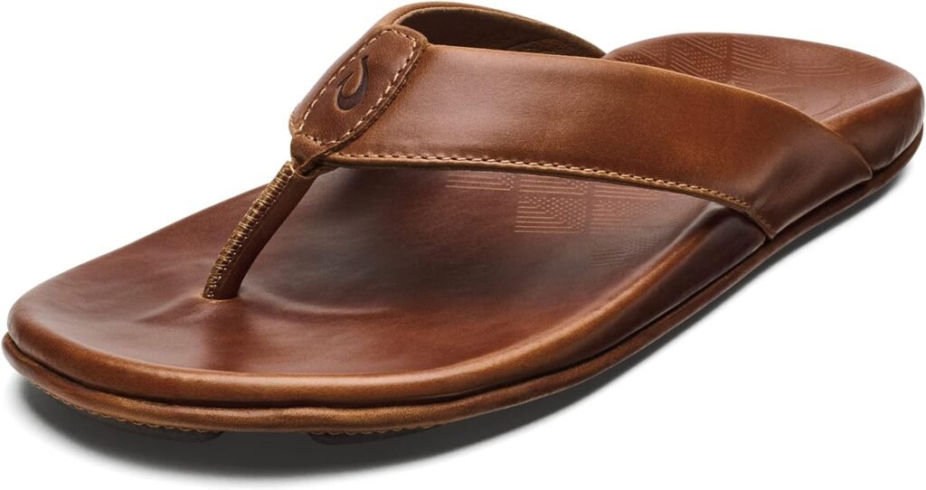 OLUKAI Auinala Mens Sandals, Leather, Lightweight Flip-Flop Slides, Compression Molded Footbed