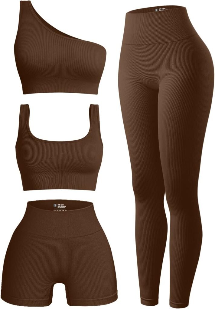 OQQ Womens 4 Piece Outfits Ribbed Exercise Scoop Neck Sports Bra One Shoulder Tops High Waist Shorts Leggings Active Set