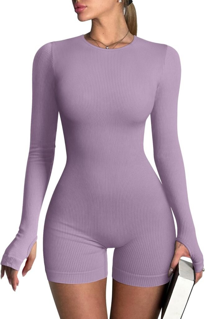 OQQ Women‘s Yoga Rompers Ribbed Long Sleeve Crew Neck Tops Exercise Rompers