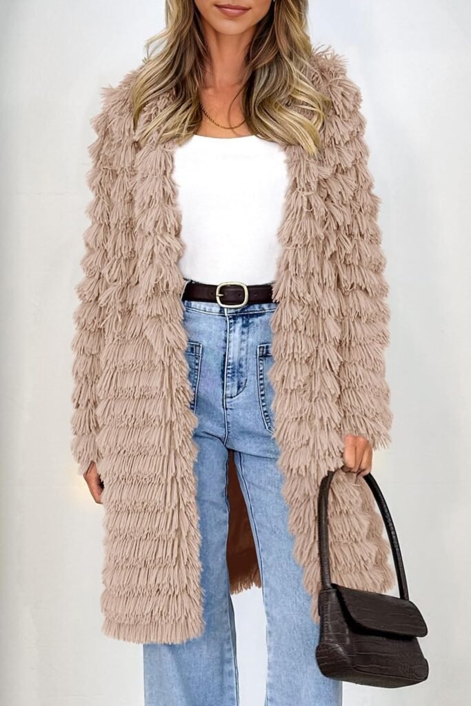 PRETTYGARDEN Womens 2024 Winter Faux Fur Jackets Fall Fashion Open Front Long Shaggy Coat Outerwear