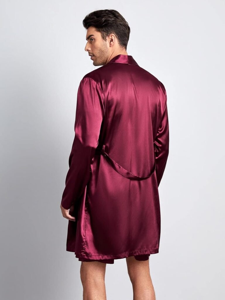 SOLY HUX Mens Long Sleeve Silk Sleepwear Satin Kimono Robe with Shorts Pajamas Set