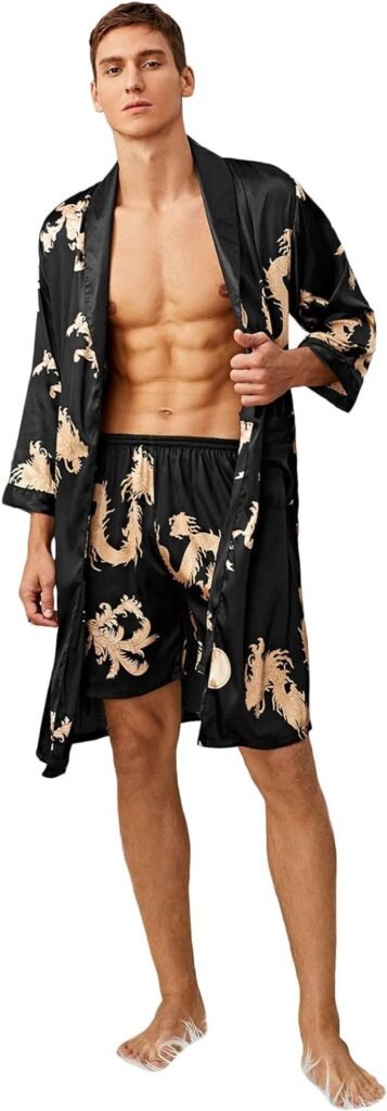 SOLY HUX Mens Long Sleeve Silk Sleepwear Satin Kimono Robe with Shorts Pajamas Set