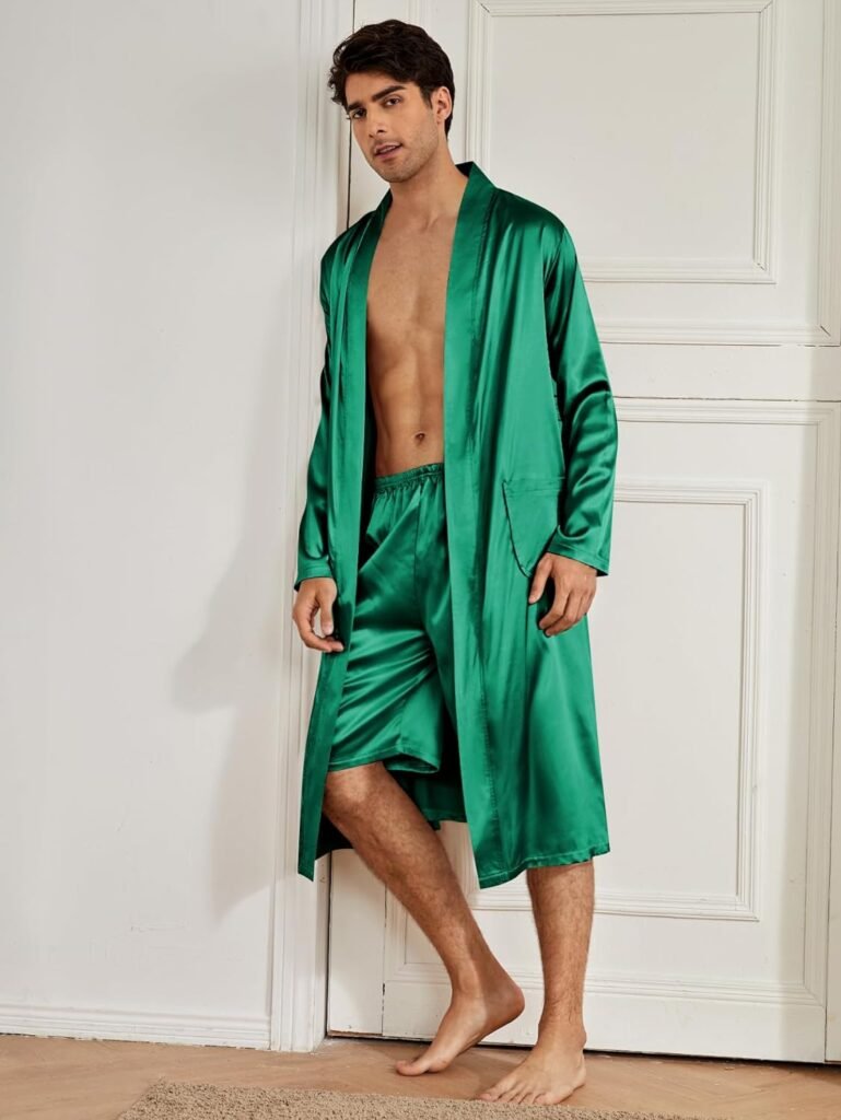 SOLY HUX Mens Long Sleeve Silk Sleepwear Satin Kimono Robe with Shorts Pajamas Set