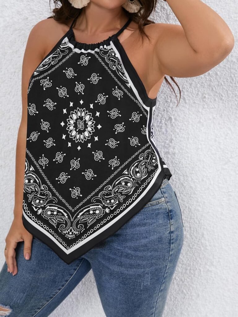 SOLY HUX Womens Plus Size Halter Tops Bandana Tank Top Tie Back Shirts Boho Casual Sleeveless Cami Tops