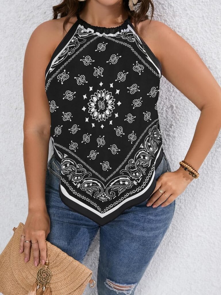 SOLY HUX Womens Plus Size Halter Tops Bandana Tank Top Tie Back Shirts Boho Casual Sleeveless Cami Tops