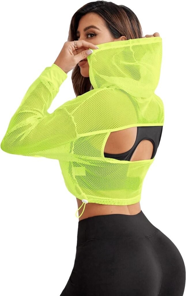 SweatyRocks Womens Activewear Long Sleeve Hollow Out Drawstring Hooded Sweatshirt Sports Crop Top