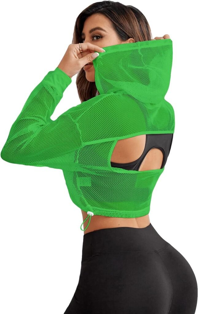 SweatyRocks Womens Activewear Long Sleeve Hollow Out Drawstring Hooded Sweatshirt Sports Crop Top