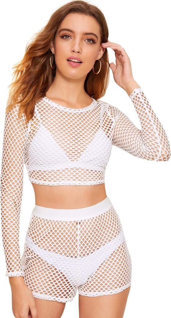 SweatyRocks Womens Sexy 2 Pieces Fishnet Crop Top with Shorts Outfit Set