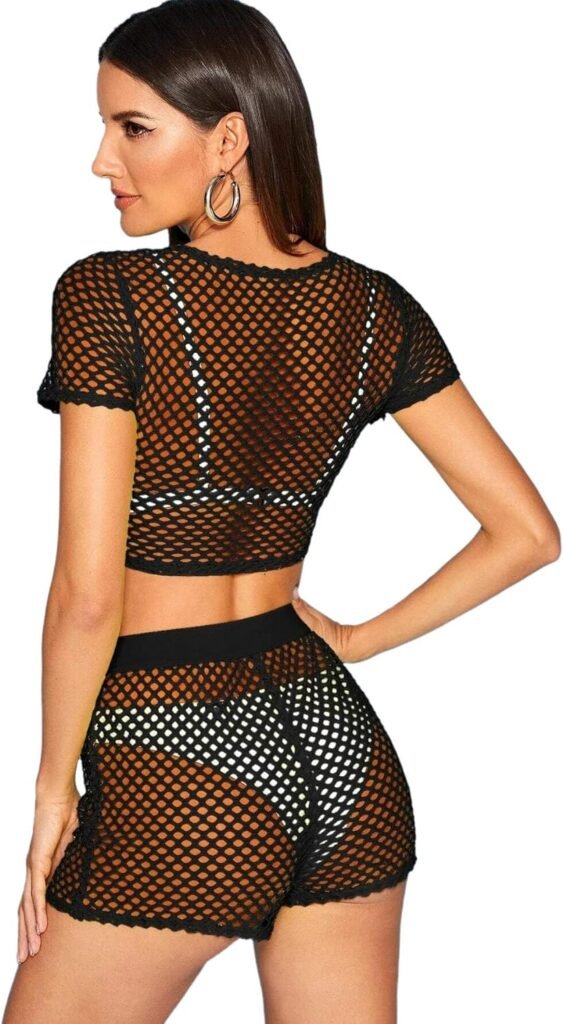 SweatyRocks Womens Sexy 2 Pieces Fishnet Crop Top with Shorts Outfit Set