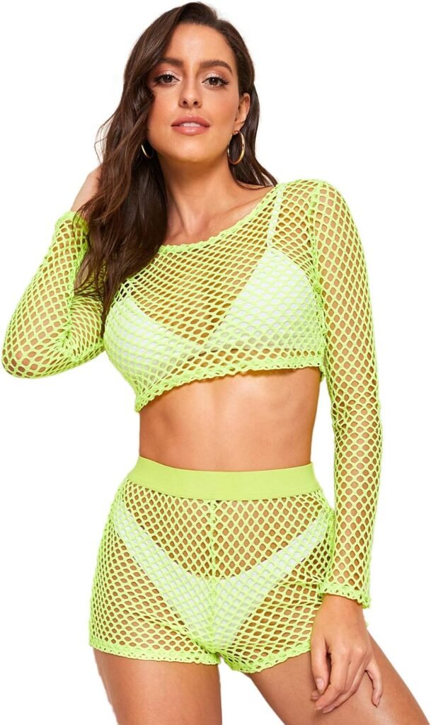 SweatyRocks Womens Sexy 2 Pieces Fishnet Crop Top with Shorts Outfit Set