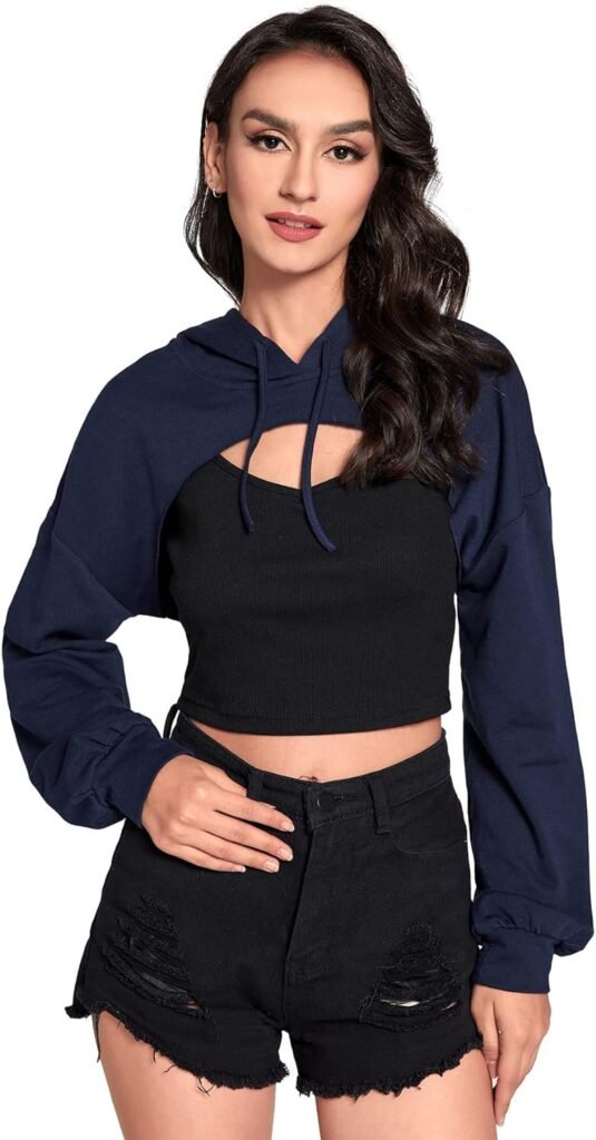 SweatyRocks Womens Solid Black Long Sleeve Pullover Crop Top Hoodie