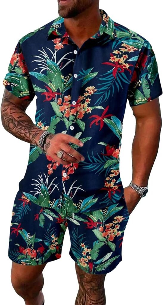 Verdusa Mens 2 Piece Casual Tropical Print Button Down Hawaiian Shirt and Short Suits