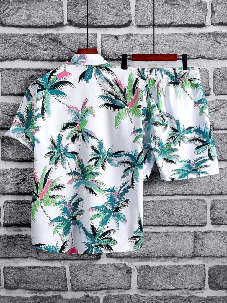 Verdusa Mens 2 Piece Casual Tropical Print Button Down Hawaiian Shirt and Short Suits