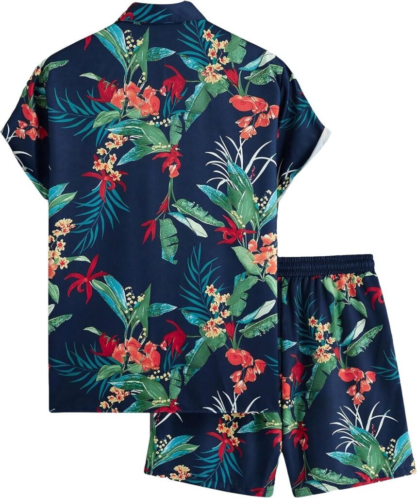 Verdusa Mens 2 Piece Casual Tropical Print Button Down Hawaiian Shirt and Short Suits