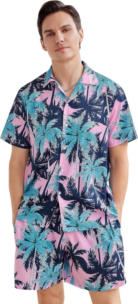 Verdusa Mens 2 Piece Casual Tropical Print Button Down Hawaiian Shirt and Short Suits