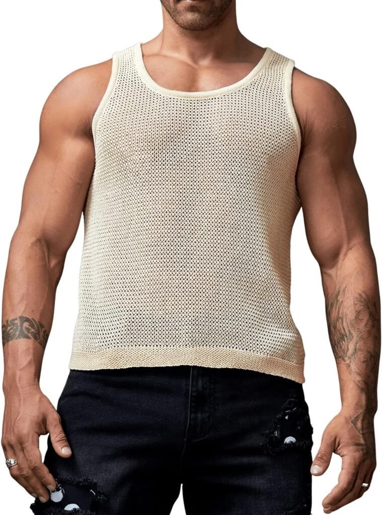 Verdusa Mens Casual Sleeveless Round Neck Sheer Knitted Tank Muscle Top