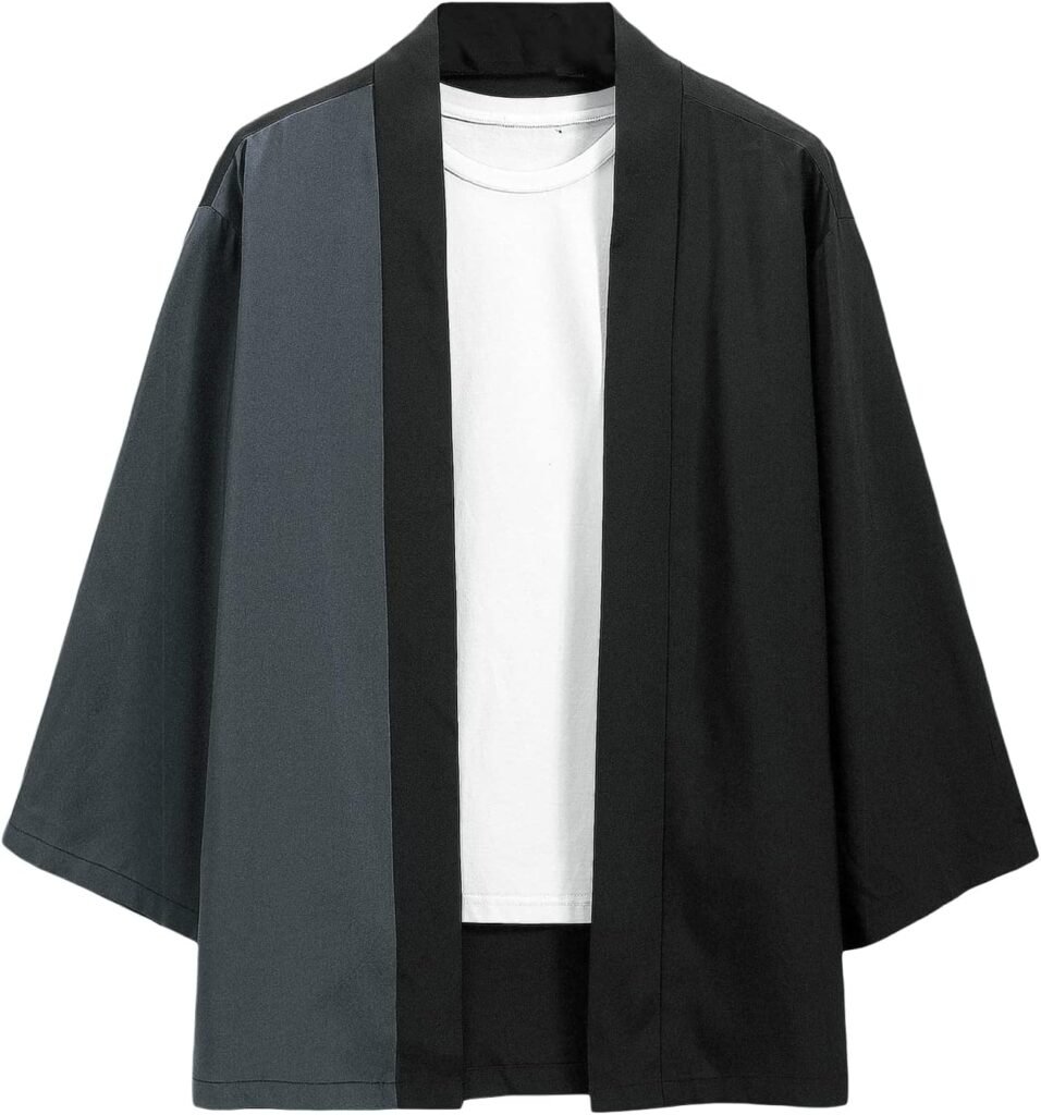 Verdusa Mens Colorblock Drop Shoulder Open Front Kimono Cardigan Coat