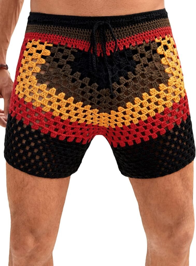 Verdusa Mens Colorblock Hollow Out Drawstring Waist Knit Crochet Shorts