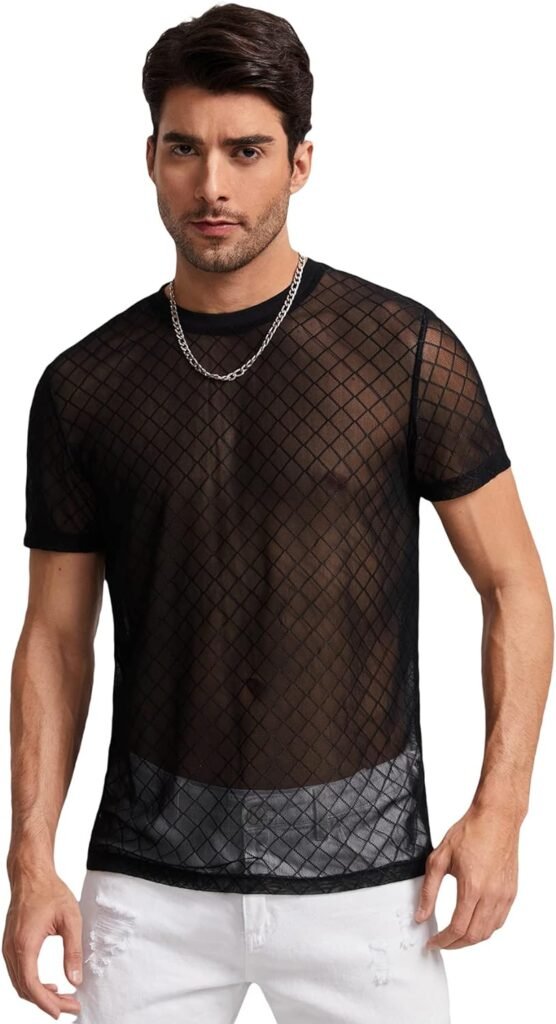 Verdusa Mens Sheer Mesh Short Sleeve T Shirt See Through Round Neck Tee Top