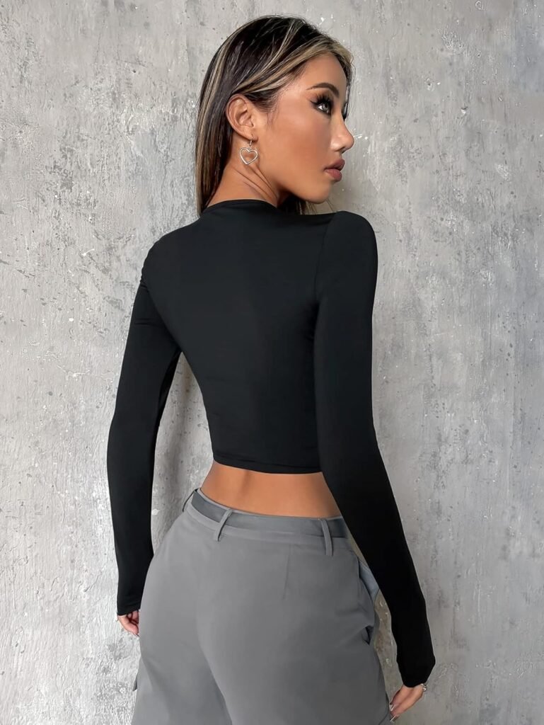 Verdusa Womens Cut Out Long Sleeve Round Neck Slim Fitted Tee Crop Top T Shirt
