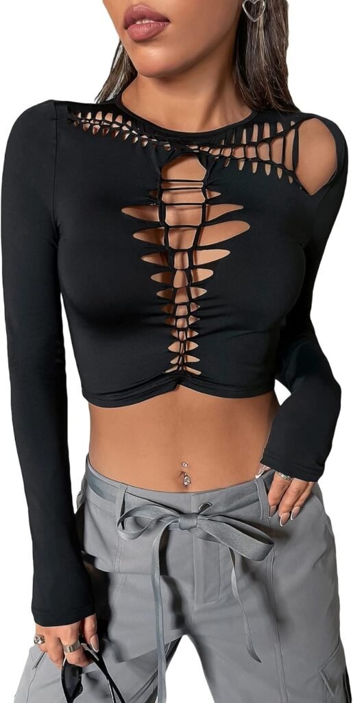 Verdusa Womens Cut Out Long Sleeve Round Neck Slim Fitted Tee Crop Top T Shirt
