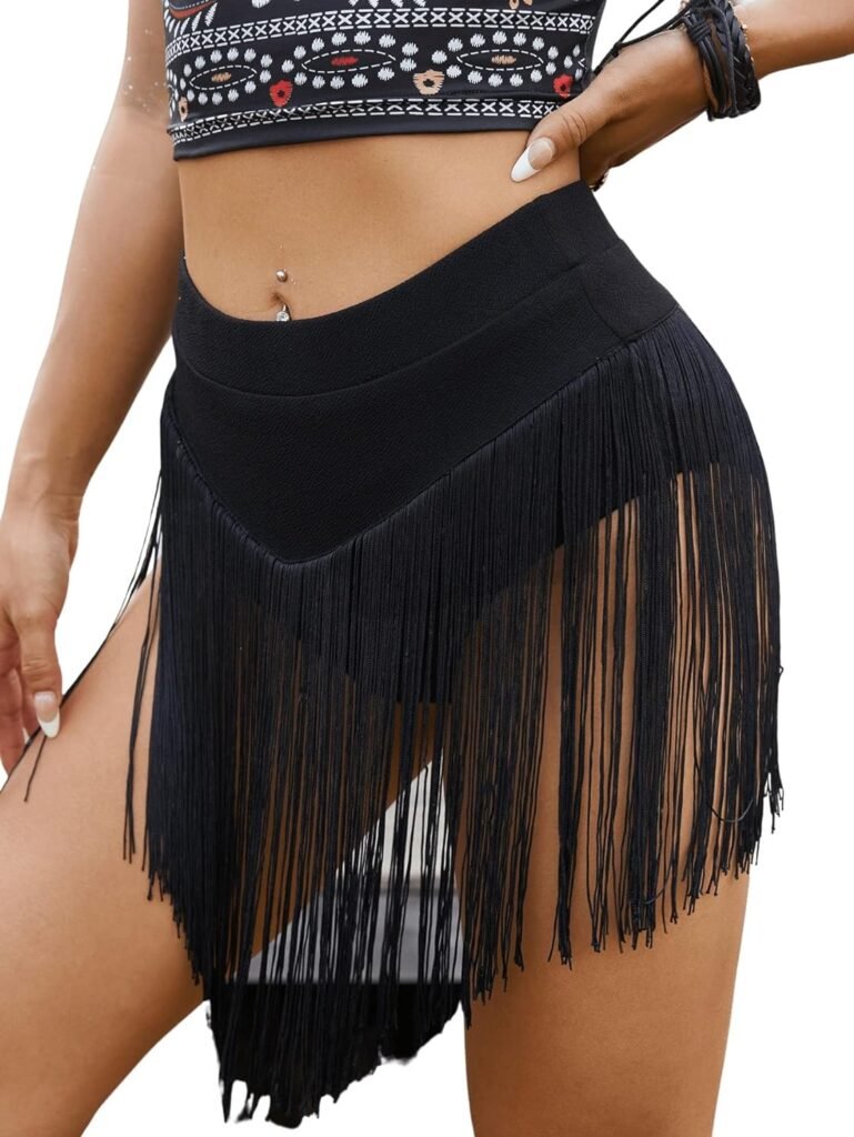 Verdusa Womens Elastic High Waisted Fringe Tassel Shorts Booty Dance Bottom