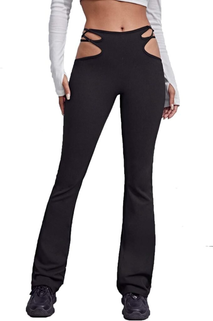 Verdusa Womens Mid Waist Cut Out Laddering Stretch Comfy Flare Leg Night Out Pants