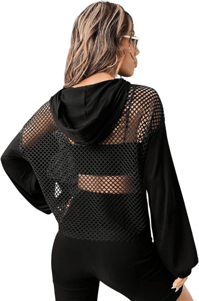 Verdusa Womens Sexy See Through Fishnet Long Sleeve Drawstring Hoodie Top Sweatshirt