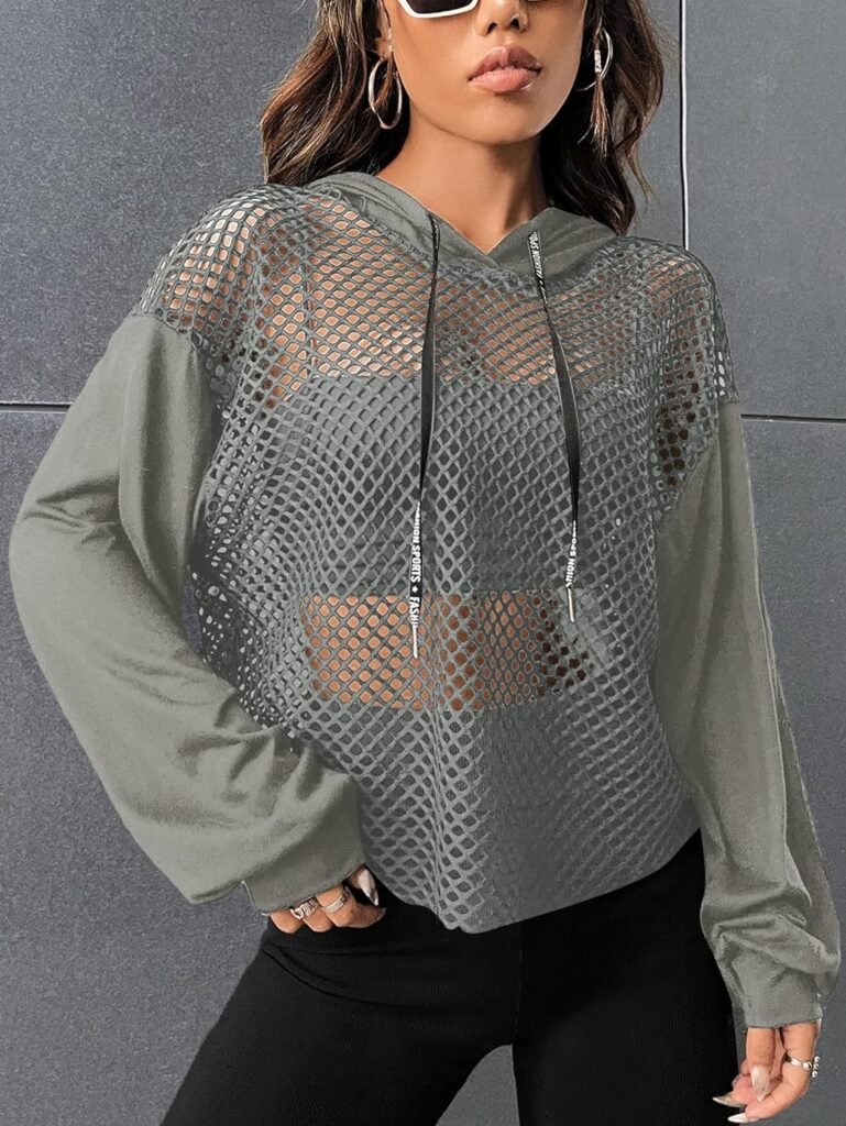 Verdusa Womens Sexy See Through Fishnet Long Sleeve Drawstring Hoodie Top Sweatshirt