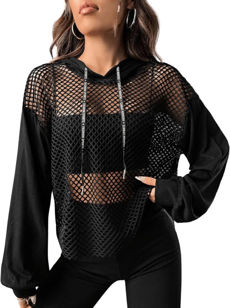 Verdusa Womens Sexy See Through Fishnet Long Sleeve Drawstring Hoodie Top Sweatshirt