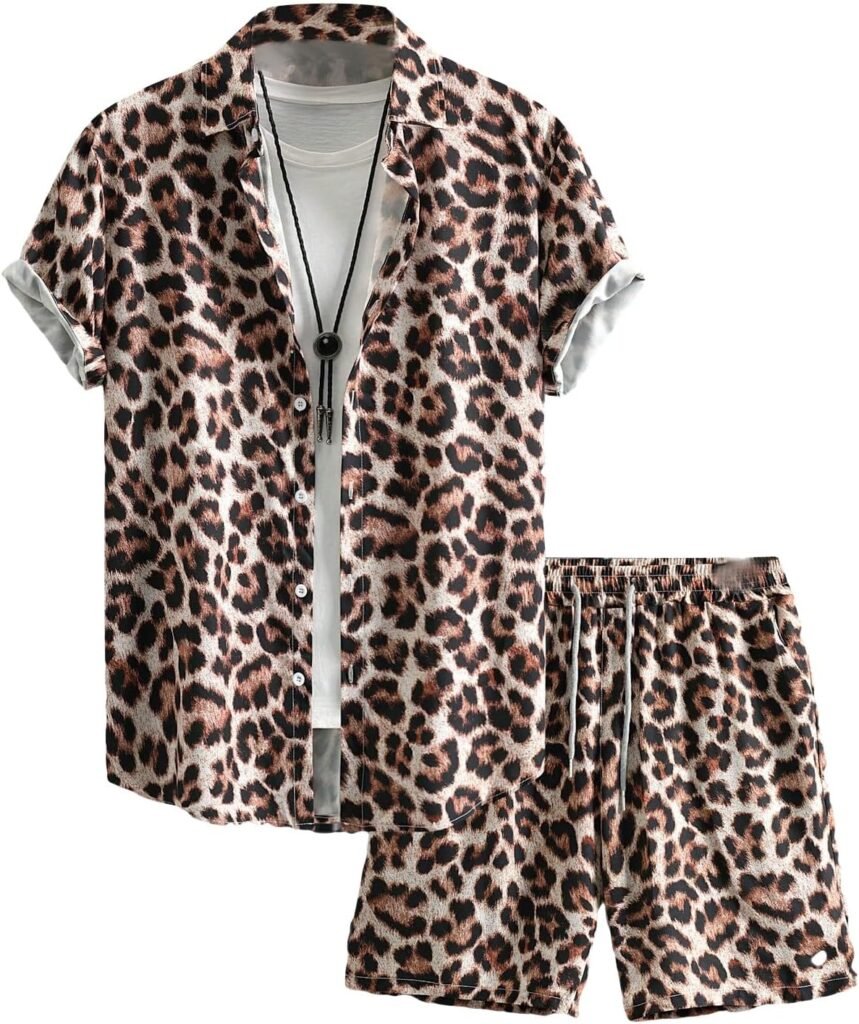 WDIRARA Mens 2 Piece Leopard Print Outfit Button Up Collared Short Sleeve Shirt and Drawstring Waist Shorts