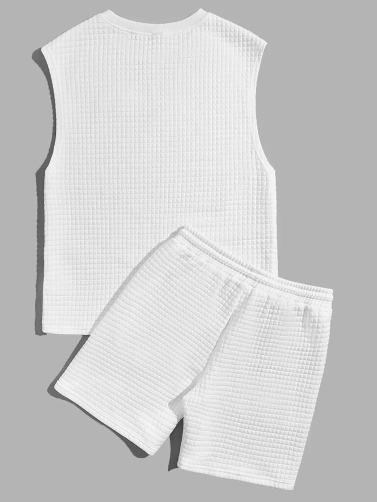 WDIRARA Mens 2 Piece Outfit Letter Patched Sleeveless Tank Top and Drawstring Waist Shorts Set