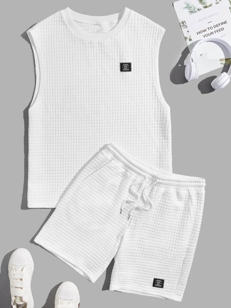 WDIRARA Mens 2 Piece Outfit Letter Patched Sleeveless Tank Top and Drawstring Waist Shorts Set